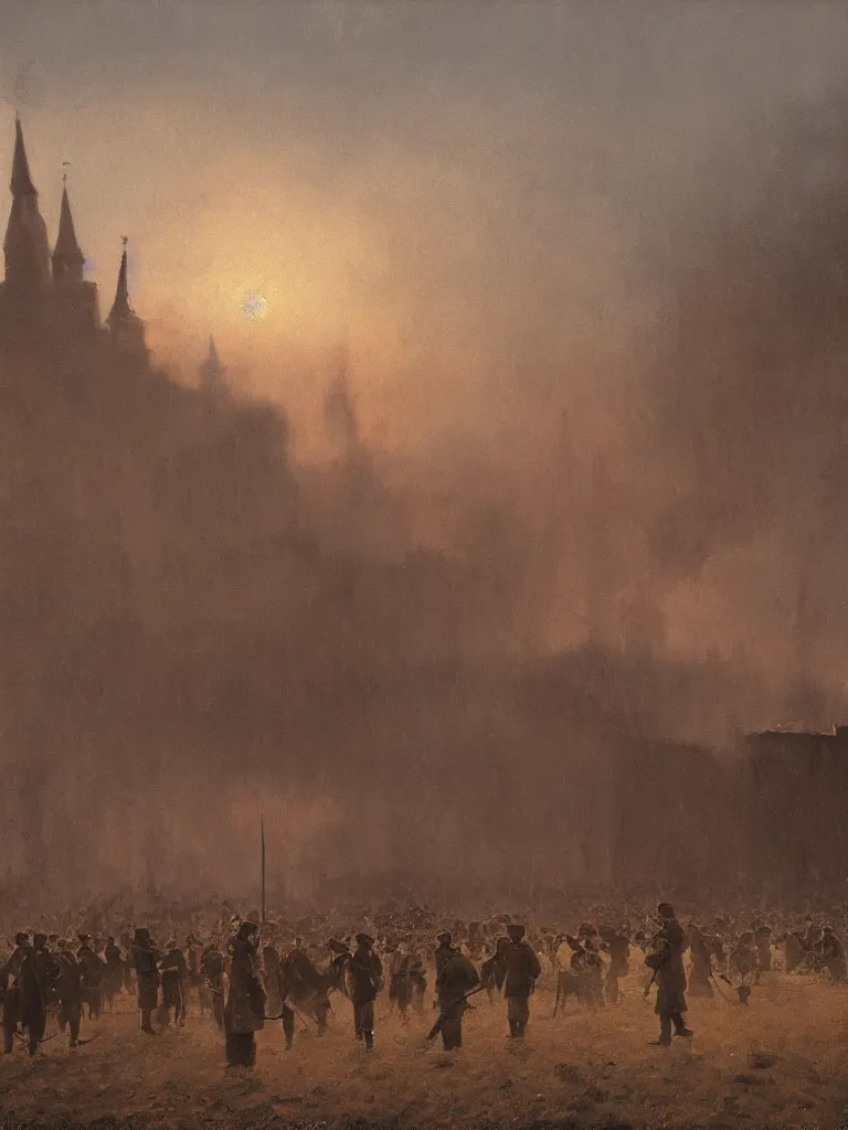 Image similar to a matte painting of russian revolution in 1 9 0 0 summer, matte painting, dusk, drama, by rozalski and peter ilsted, artstation