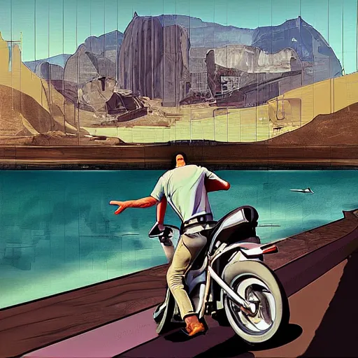 Prompt: grand theft auto ( gta ) landscape in the style of dali, trending on artstation