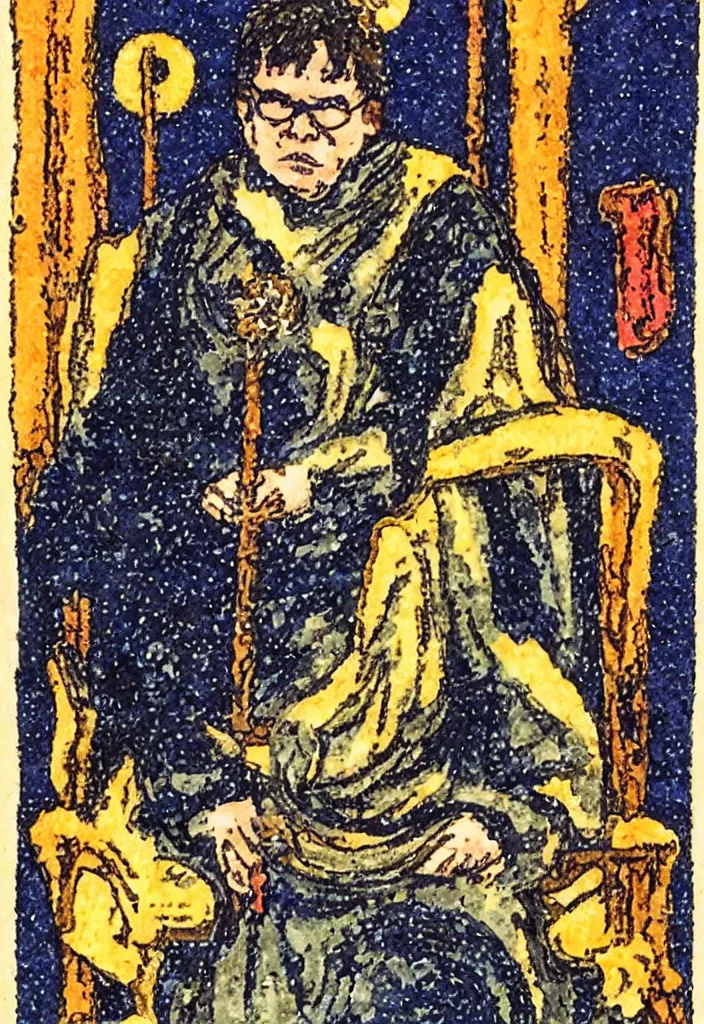 Image similar to Yann LeCun sitting on the throne on a tarot card, illustrated on the Rider–Waite tarot.