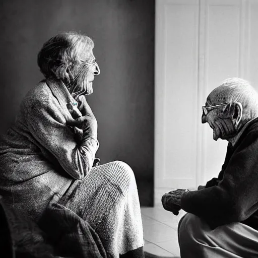 Prompt: A blurry photo of a conversation between an old woman and a very old man, taken by german photographer Axel Hess