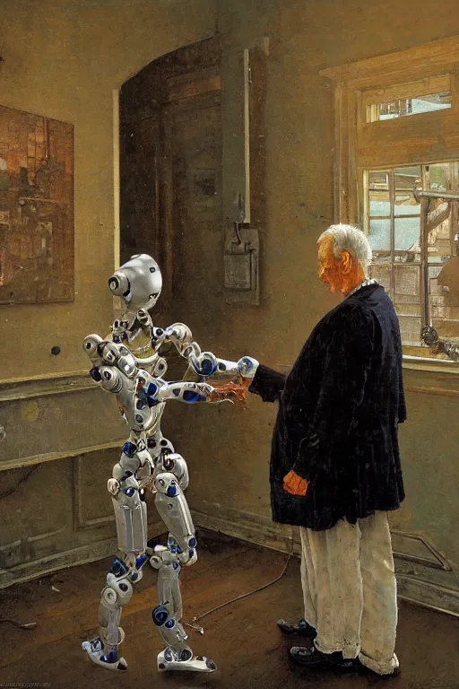 Prompt: one humanoid robot extending his robotic arm to one old man to help him get up from the floor, part by norman rockwell, part by greg rutkowski, part by mattias adolfsson, part rosseau, high angle, ( ( ( ( volumetric lighting ) ) ) ), oil on canvas