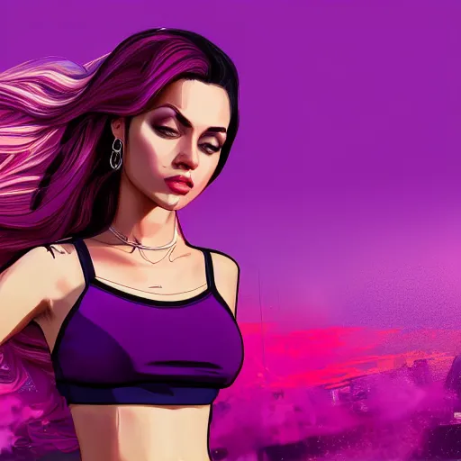 Image similar to a stunning GTA V loading screen with a beautiful woman with ombre hairstyle in purple and pink blowing in the wind, city streets, golden ratio, digital art, trending on artstation