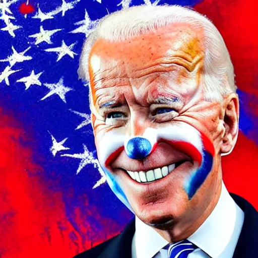 Image similar to Joe Biden with colorful clown makeup all over his face