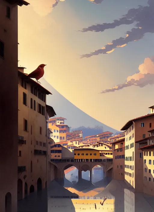 Prompt: florence italy in 1 8 2 0, an angle holds a nightingale bird on an outstretched hand, finely detailed perfect art, gapmoe yandere grimdark, trending on pixiv fanbox, painted by greg rutkowski makoto shinkai takashi takeuchi studio ghibli