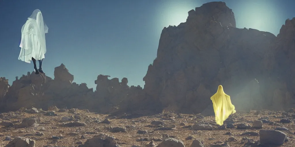 Image similar to levitating ghost veiled silhouette with full - face golden bright reflective mask in a dry rocky desert landscape, visible sky and sunny atmosphere, floating rocks, flying rocks and fata morgana and giant mirrors by alejandro jodorowsky, anamorphic lens, kodakchrome, practical effects, masterpiece, 8 k