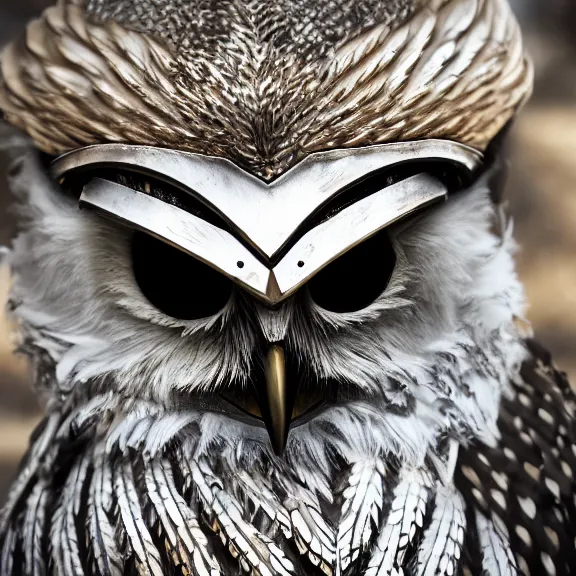 Prompt: photo of a warrior with metal owl theme armour, 4 k, hdr, smooth, sharp focus, high resolution, award - winning photo