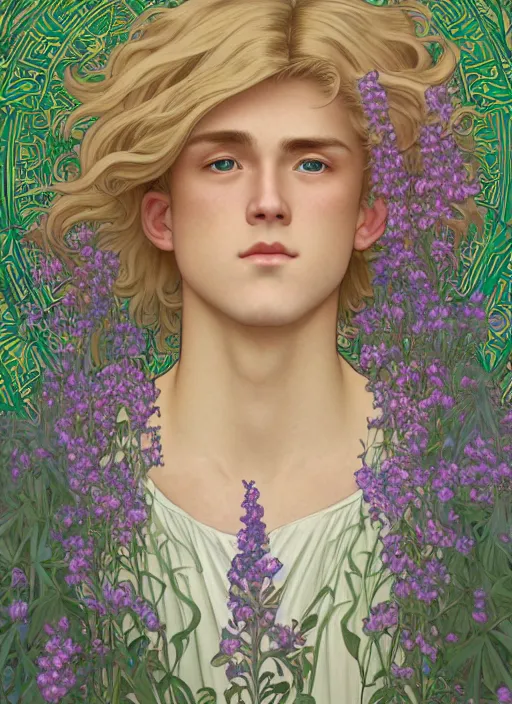 Image similar to book cover, pretty young man with shoulder length blond hair, male, half body shot, flower pattern background, path traced, highly detailed, high quality, digital painting, by studio ghibli and alphonse mucha, leesha hannigan, hidari, art nouveau, chiho aoshima, jules bastien - lepage