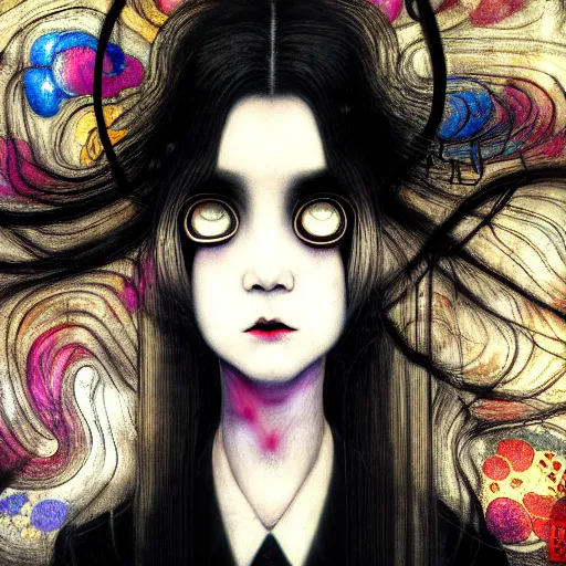 Image similar to yoshitaka amano blurred and dreamy realistic three quarter angle portrait of a woman with long white hair, black eyes and black lipstick wearing dress suit with tie, junji ito abstract patterns in the background, satoshi kon anime, noisy film grain effect, highly detailed, renaissance oil painting, weird portrait angle, blurred lost edges