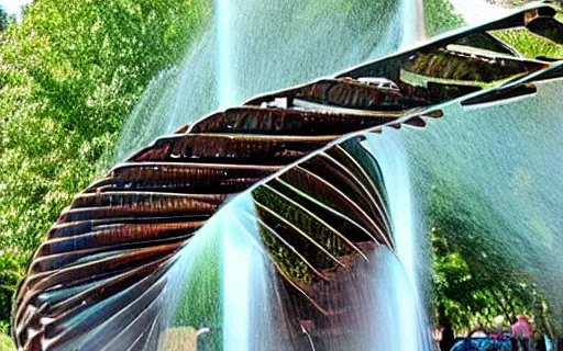 Prompt: bronze dna helix fountain, water spraying, birds in water