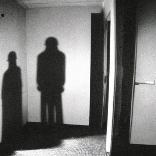 Image similar to a shadow figure standing over the body of a man in a motel room shot on a disposable camera 1 9 7 8 for'real ghost stories magazine ;