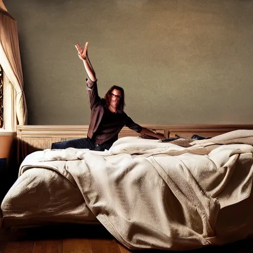 Prompt: oil painting of a slim man with long straight brown hair getting up from a bed with raised arms. evocative. artistic. volumetric lighting