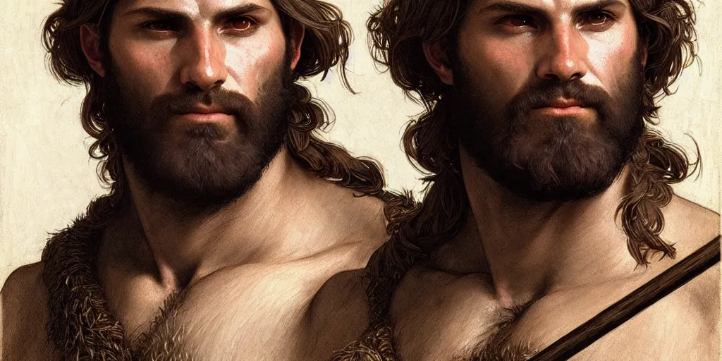 Image similar to renaissance upper body portrait of a gruff ranger with a spear, lean and toned, handsome face, hairy chest, D&D, intricate, elegant, highly detailed, digital painting, artstation, concept art, matte, sharp focus, illustration, art by da Vinci, Artgerm and Greg Rutkowski and Alphonse Mucha