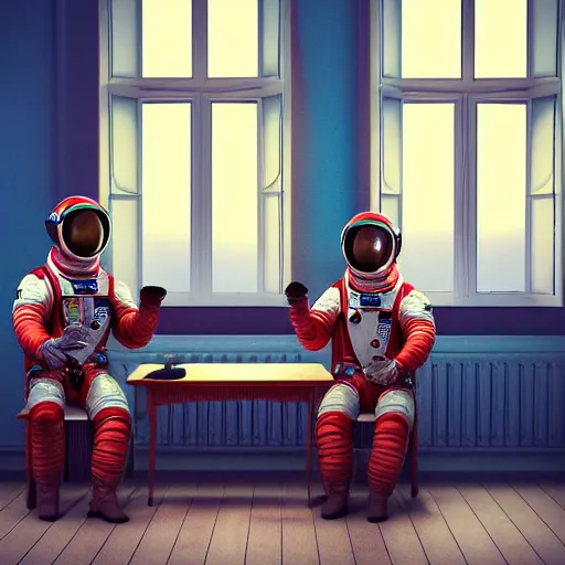 Image similar to 3 cosmonauts in a spacesuit drinks a steaming cup of tea at an old wooden desk in a richly decorated victorian house. the autumn light comes in through a window and dimly illuminates the room, diffuse light, octane render