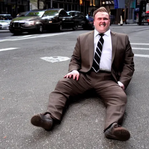 Image similar to A smiling chubby white clean-shaven man dressed in a chocolate brown suit and necktie and black shoes is laying on the ground in New York city.