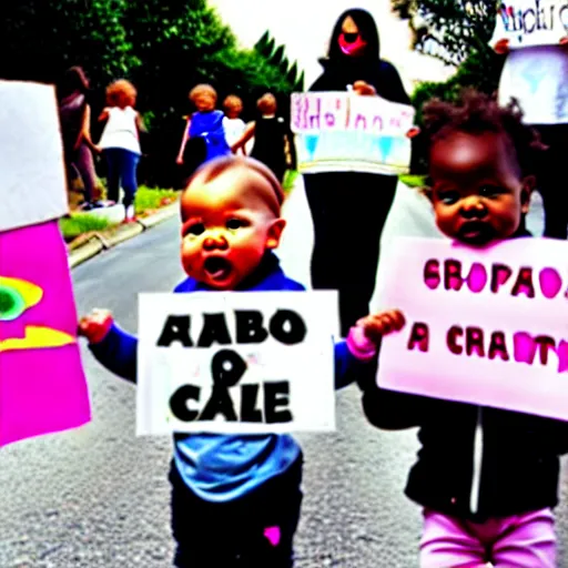 Image similar to babies protesting in front of a daycare center