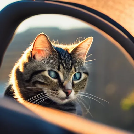 Image similar to cat sitting in driver seat of a cabriolet, golden hour, top view, car chase, golden ratio