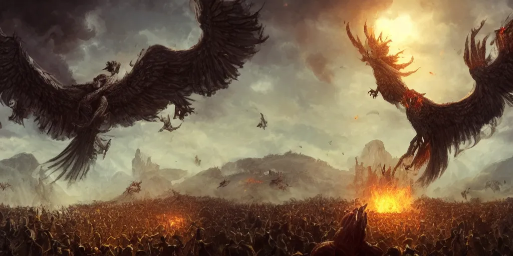 Prompt: massive hoard of giant phoenix violently terrorising medieval humans on farm, digital art, concept art, morbid, surreal, high quality, trending on artstation, epic composition, 8 k, uhd