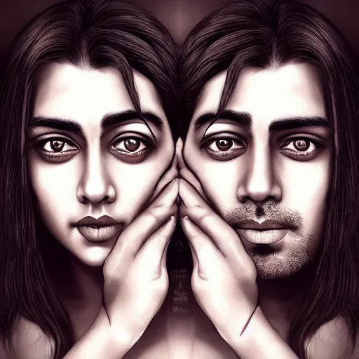 Image similar to perfectly centered symmetrical split male and female portrait of bollywood man and woman in love sharing one heart ; art by artgerm, photorealistic, highly detailed ; trending on artstation ; portrait by wlop