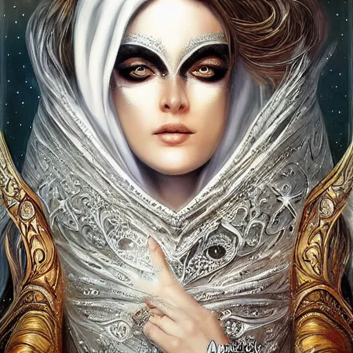 Image similar to a beautiful woman wearing a white niqab made of silver with jewelry and diamonds by alex gray and android jones, karol bak, ayami kojima, arabian, concept art, fantasy