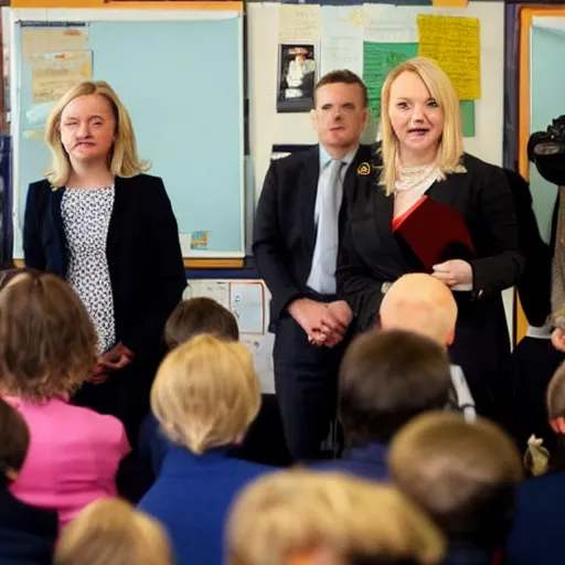 Prompt: conservative mp liz truss is a small, sad child, at the back of the class, wearing a dunces cap, 28mm wide angle