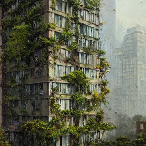 Prompt: a wonderously complicated painting of an abandoned russian brutalist appartment being retaken by nature by greg rutkowski and thomas kinkade, dense with greenery, moss, flowering vines, ferns and mold on concrete