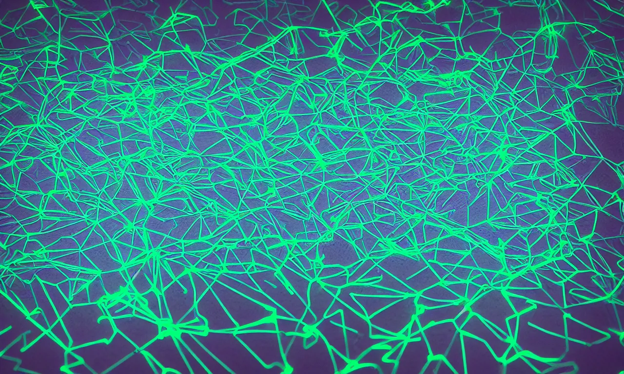 Prompt: reflexion neon glow cyberpunk voronoi depth fog wires connexion