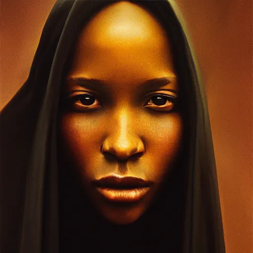 Image similar to a portrait of a young black woman wearing a long dark cloak, hood and shadows covering face, anatomically correct, beautiful perfect face, enigmatic, oil painting, matte painting, black background, Volumetric Golden dappled dynamic lighting, Highly Detailed, Cinematic Lighting, Unreal Engine, 8k, HD, by Beksinski