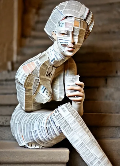 Image similar to a portrait of a beautiful young woman paper mache wrapped and made of newspaper, sitting relax and happy, marble stairs on the the backgroundhyper realistic, 8 k,