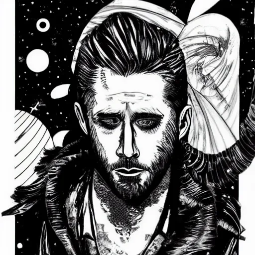 Image similar to black and white pen and ink!!!!!!! MAPPA designed Ryan Gosling wearing cosmic space robes made of stars final form flowing royal hair golden!!!! Vagabond!!!!!!!! floating magic swordsman!!!! glides through a beautiful!!!!!!! Camellia!!!! Tsubaki!!! flower!!!! battlefield dramatic esoteric!!!!!! Long hair flowing dancing illustrated in high detail!!!!!!!! by Moebius and Hiroya Oku!!!!!!!!! graphic novel published on 2049 award winning!!!! full body portrait!!!!! action exposition manga panel black and white Shonen Jump issue by David Lynch eraserhead and beautiful line art Hirohiko Araki!! Rossetti, Millais, Mucha, Jojo's Bizzare Adventure