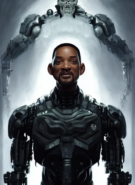 Image similar to will smith as victor stone, full body concept, cyborg, borg, strogg, face of a man, terminator, flesh, quake strogg, doom demon, wolfenstein, monstrous, powerful, symmetry, symmetrical, concept art by ruan jia and greg rutkowski