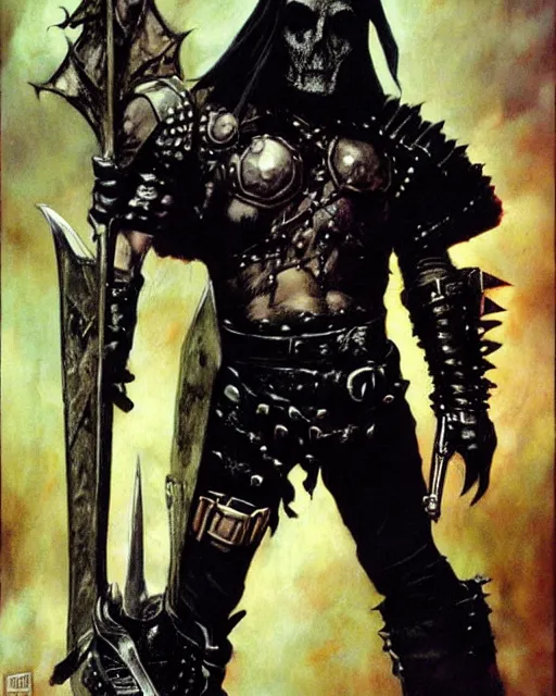 Image similar to portrait of a skinny punk goth wilford brimley wearing armor by simon bisley, john blance, frank frazetta, fantasy, thief warrior