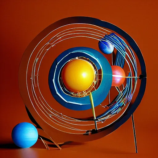 Image similar to a kinetic sculpture of this solar system, sun, orrery, canon 5 d 5 0 mm lens, papier - mache, studio, circa 1 9 9 9