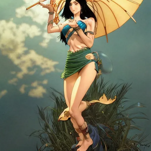 Image similar to highly detailed vfx portrait of nico robin by eiichiro oda!, makoto shinkai, alphonse mucha, sharp focus, art by artgerm and greg rutkowski!, harsh overhead sunlight, blue eyes!!, large aquiline nose!!, stanley kybric, kaoru mori, intricately detailed, behance, artstation,