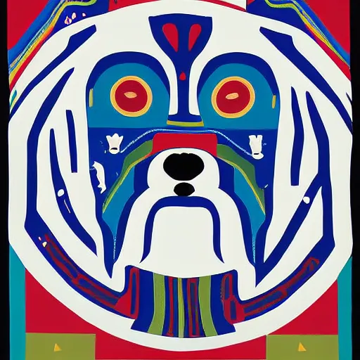 Image similar to tlingit haida lithographic, 3 / 4 portrait of havanese dog, simplified forms, multiple colors, print by tristan - wolf reg davidson clifton guthrie maynard johnny jr.