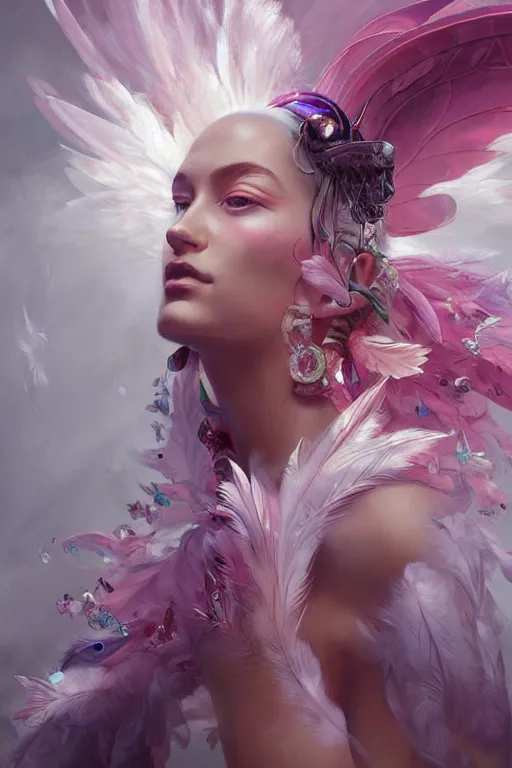 Image similar to beautiful model wearing crystal white feathers, pink magic, vortex, angel, fantasy, dramatic lighting, highly detailed, digital painting, holding electricity, magic the gathering, 3 d render, hyper realistic detailed portrait, peter mohrbacher, wlop, ruan jia