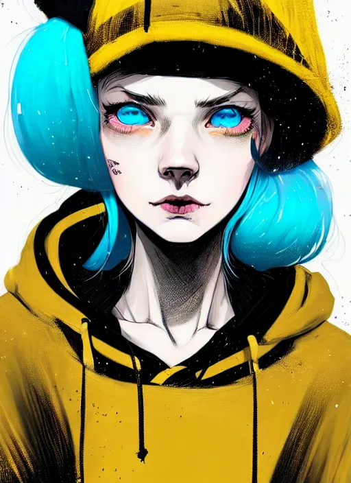 Image similar to highly detailed portrait of a sewer punk lady student, blue eyes, tartan hoody, hat, white hair by atey ghailan, by greg tocchini, by kaethe butcher, by alex horley, gradient yellow, black, brown and cyan color scheme, grunge aesthetic!!! ( ( graffiti tag wall ) )