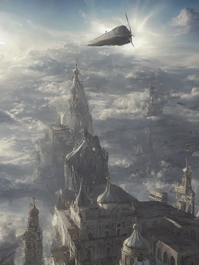 Image similar to a large dieselpunk airship is standing in the air over a splendid white church in russia, full morning sun, matte painting by greg rutkowski, james gurney