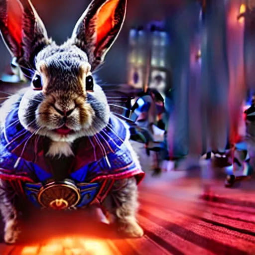 Image similar to Film still of a rabbit as Dr. Strange in avengers endgame, 4k