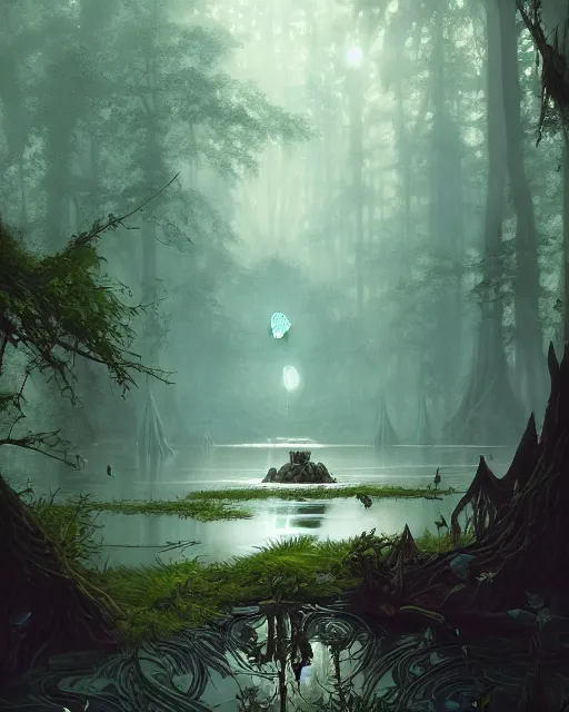 Image similar to a dark magical pond surrounded by a dense forest of enormous trees, deep focus, d & d, fantasy, intricate, elegant, highly detailed, digital painting, artstation, concept art, matte, sharp focus, illustration, hearthstone, art by greg rutkowski and alphonse mucha and andreas rocha