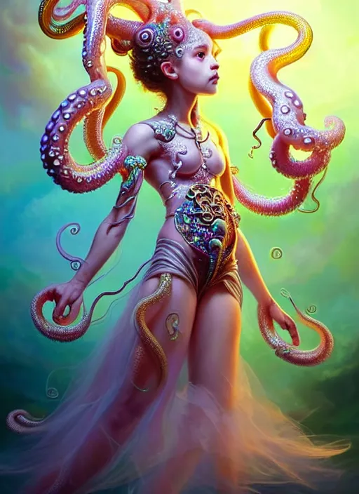 Image similar to A full body shot of a cute young magical girl wearing an ornate dress made of opals and tentacles. Monster GIrl. Subsurface Scattering. Dynamic Pose. Translucent Skin. Rainbow palette. defined facial features, symmetrical facial features. Opalescent surface. Soft Lighting. beautiful lighting. By Giger and Ruan Jia and Artgerm and WLOP and William-Adolphe Bouguereau. Photo real. Hyper-real. Photorealism. Fantasy Illustration. Sailor Moon hair. Masterpiece. trending on artstation, featured on pixiv, award winning, cinematic composition, dramatic pose, sharp, details, Hyper-detailed, HD, HDR, 4K, 8K.