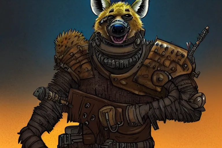 Image similar to a good ol'hyena fursona ( from the furry fandom ), heavily armed and armored facing down armageddon in a dark and gritty version from the makers of mad max : fury road. witness me.