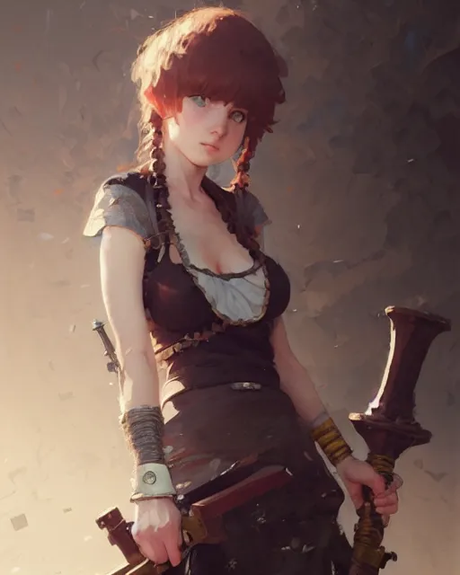 Prompt: cute girl, whitesmith, huge intricate hammer, weapon, mechanical parts, digital painting by krenz cushart, ilya kuvshinov, akihiko yoshida, greg rutkowski, karl spitzweg. sharp focus, highly detailed, intricate background