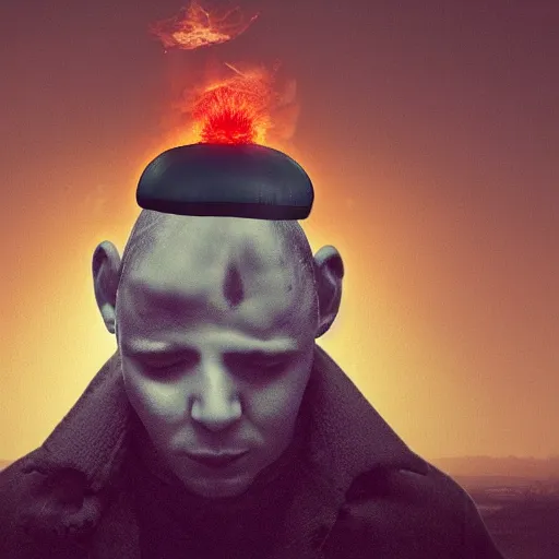 Image similar to man with head as a mushroom cloud