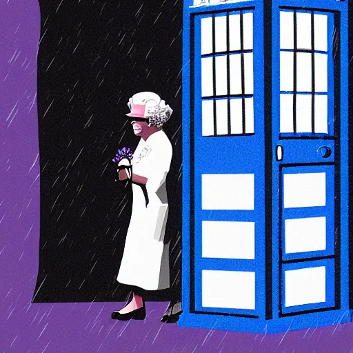 Image similar to Digital illustration of Queen Elizabeth II stepping out of the Tardis on a dark rainy London street, trending on artstation