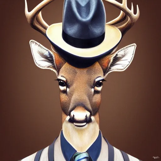 Image similar to a upper body portrait of a deer in a pinstriped suit and pants wearing a fedora with the antlers sticking out of the fedora by artgerm and wlop, intricate detail, digital art, photorealistic, trending on artstation