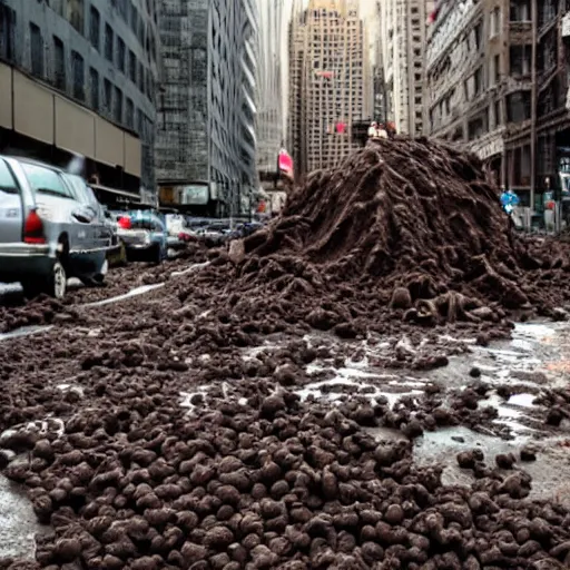 Image similar to tsunami of liquid chocolate on new york, post apocalyptic, cinematic