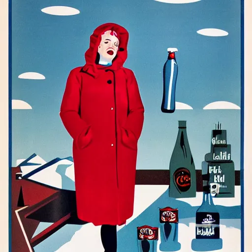 Prompt: a woman in a parka drinking a bottle of coke in an icy landscape, constructivist, russian, soviet advertisement, 1 9 5 0's