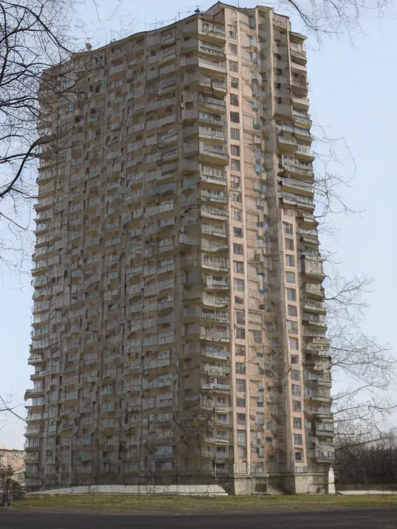 Image similar to soviet apartment building, photo, one full object, front side view