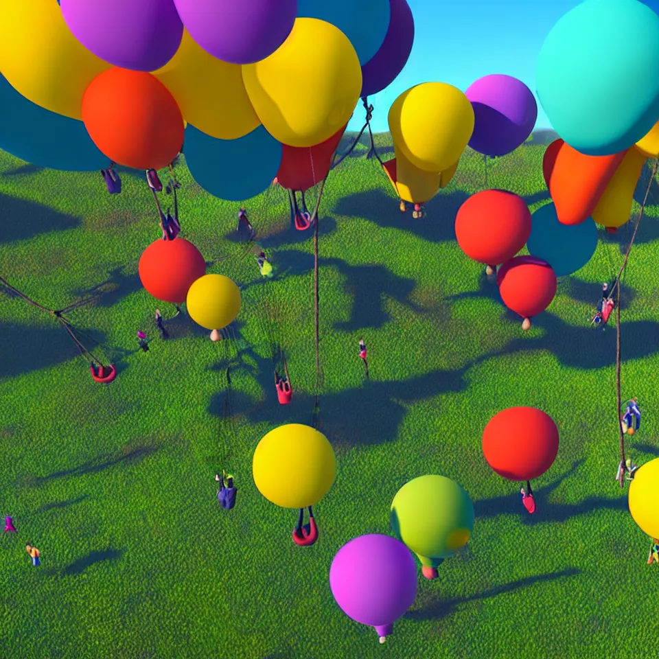 Image similar to large colorful balloons with people on rope swings underneath, flying high over the landscape, realistic, detailed, digital art, unreal engine