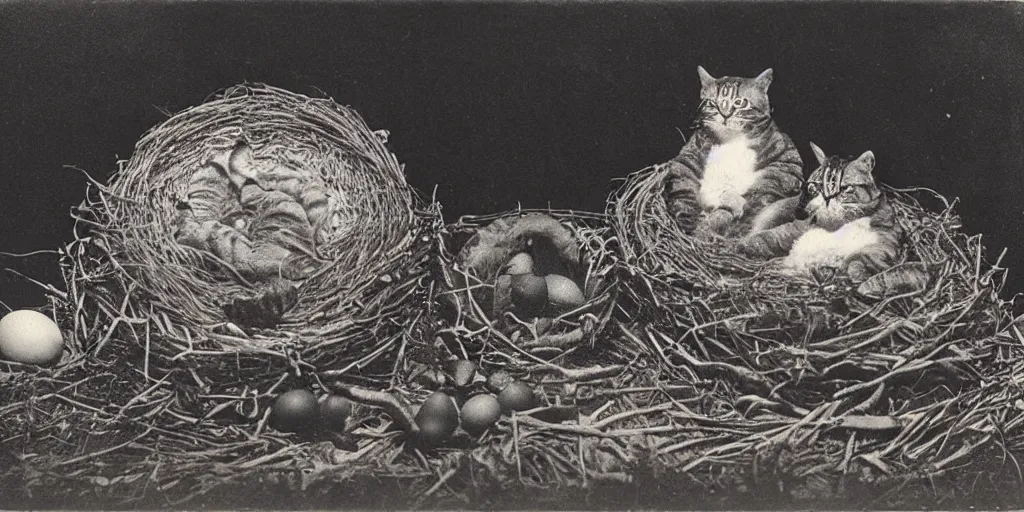 Image similar to very large cat guarding it's eggs, giant nest. Tiny business men. strange, photograph, 1850s